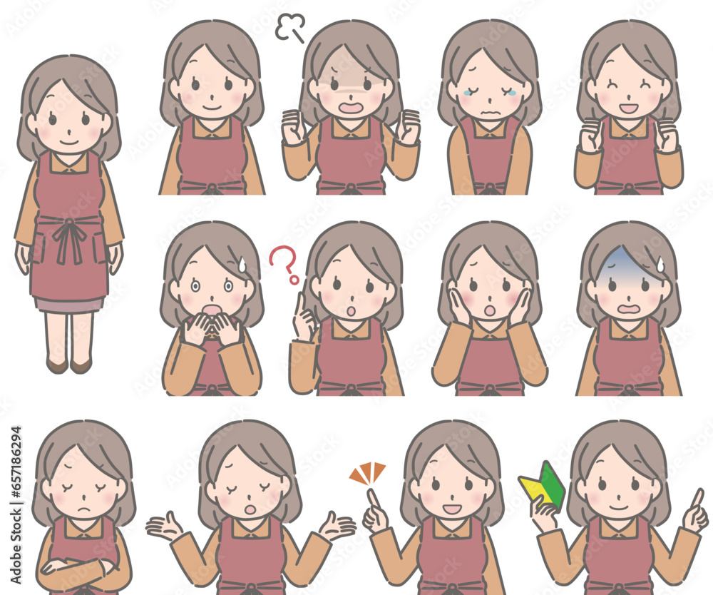 エプロン 若い女性の色々な表情 エプロン 若い女性の色々な表情