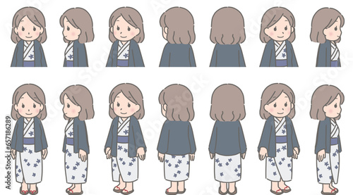 温泉旅館の浴衣　色々な方向を向く若い女性