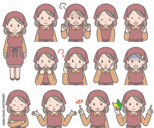 エプロンと三角巾　若い女性の色々な表情