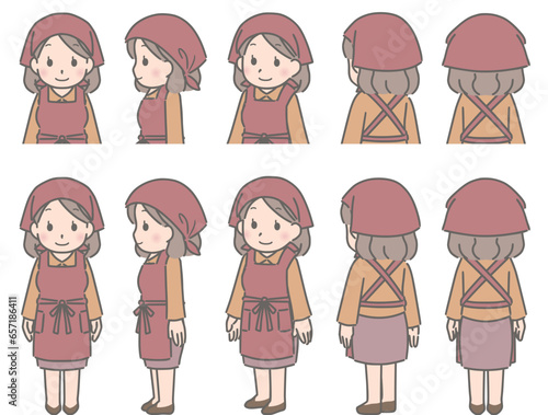 エプロンと三角巾　色々な方向を向く若い女性