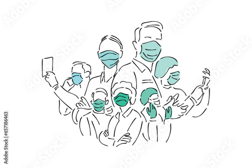 Line art vector of doctors team together. Human service concept art. Medical care and support.