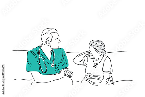 doctor and patient. Line art vector of a medical staff helping an elderly and listening to her complaints. Elderly care. Care and medical support for older persons.