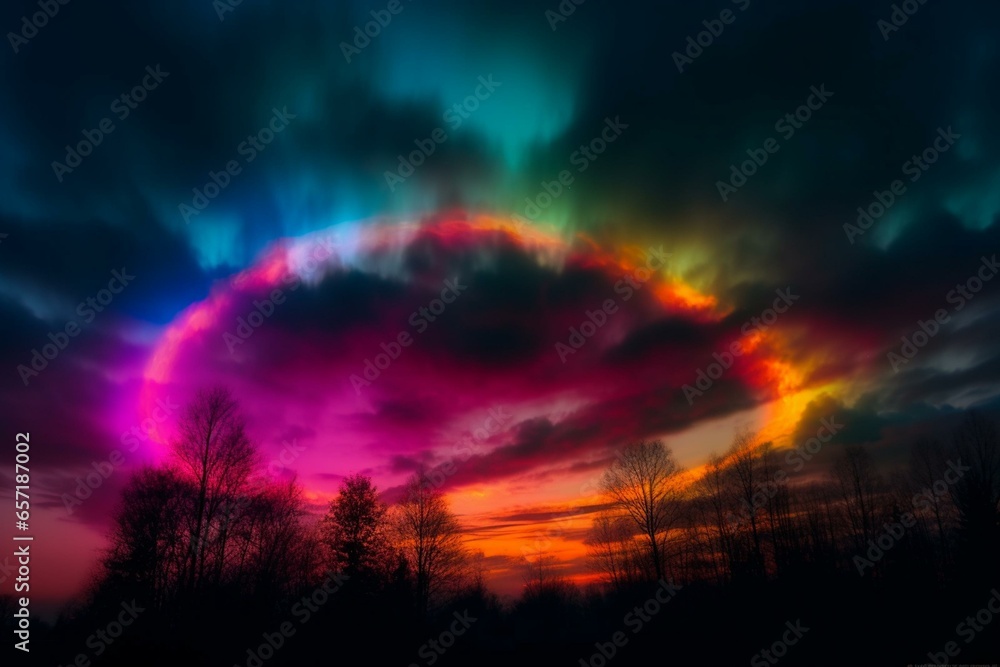 Mesmerizing skies: neon circle of light in colorful clouds. Generative AI