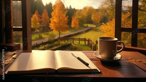 In the autumn There is one book. Next to it was a pen and a coffee cup. In the window corner of the room Poetic thoughts, writers, quiet corner. Generative AI