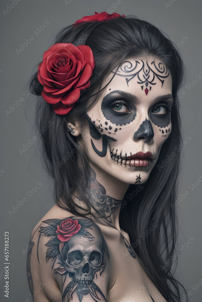 woman with skull makeup for a Halloween party celebration