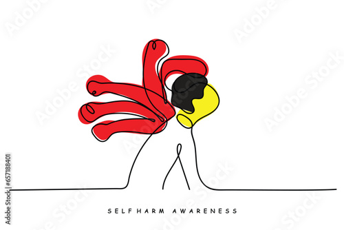 continuous line art of self harm awareness day art. Self harm awareness day is observed every year on 1st march. Psychological disorders concept art.
