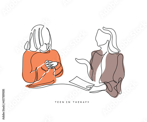 Continuous line art vector of a teen in therapy with counselor. Teens Psychologist.