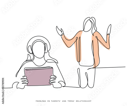 Continuous line art vector of issues between parents and teenager's relationship. Minimal drawing. Teens mental health day is observed every year on 2nd march.