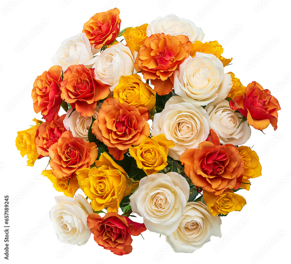 Luxurious bouquet of white, orange and yellow roses. isolate