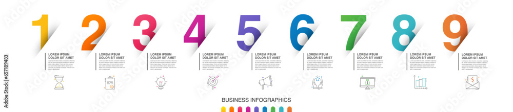Modern vector flat illustration. Line infographic numbers template with nine elements, icons. Timeline designed for business, presentations, web design, interface, diagrams with 9 steps Modern vector flat illustration. Line infographic numbers template with nine elements, icons. Timeline designed for business, presentations, web design, interface, diagrams with 9 steps