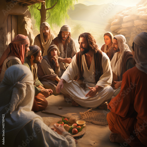 Jesus preaching to people in a small village