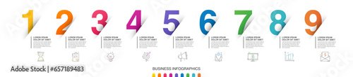Modern vector flat illustration. Line infographic numbers template with nine elements, icons. Timeline designed for business, presentations, web design, interface, diagrams with 9 steps
