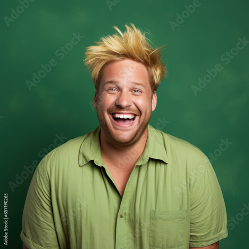 Face of happy overweight man looking at camera on green studio background, chromakey photo