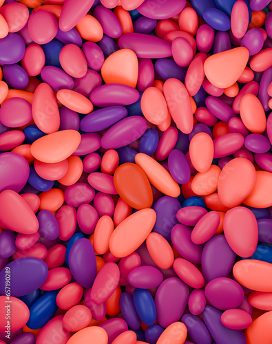 Candy in different colors and size blended together. Background, 3d render.