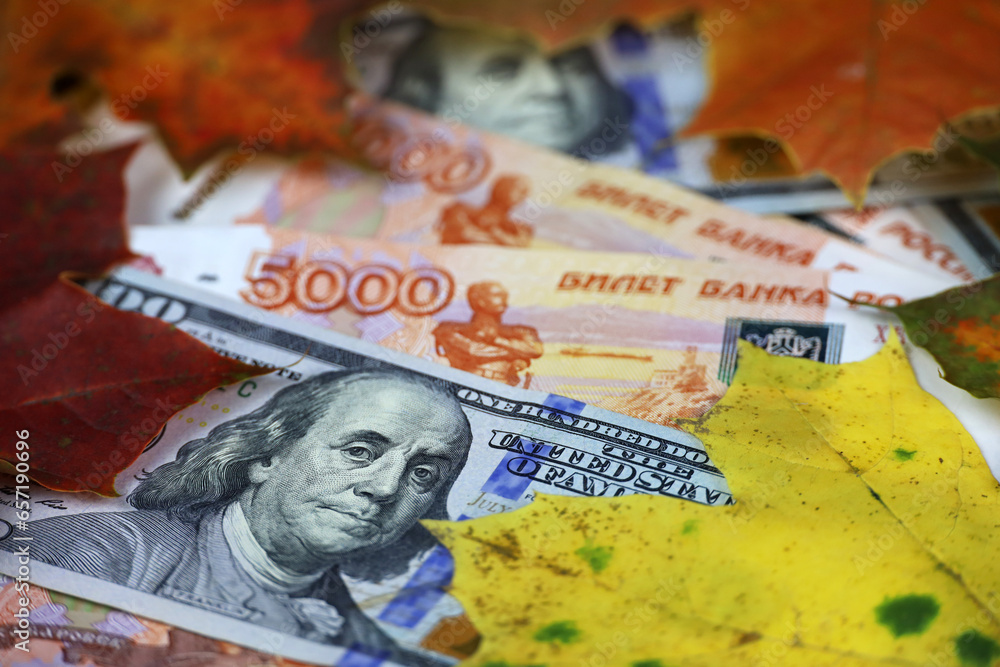 Russian rubles and US dollars in banknotes covered with red and orange maple leaves. Economy of Russia at autumn, exchange rate