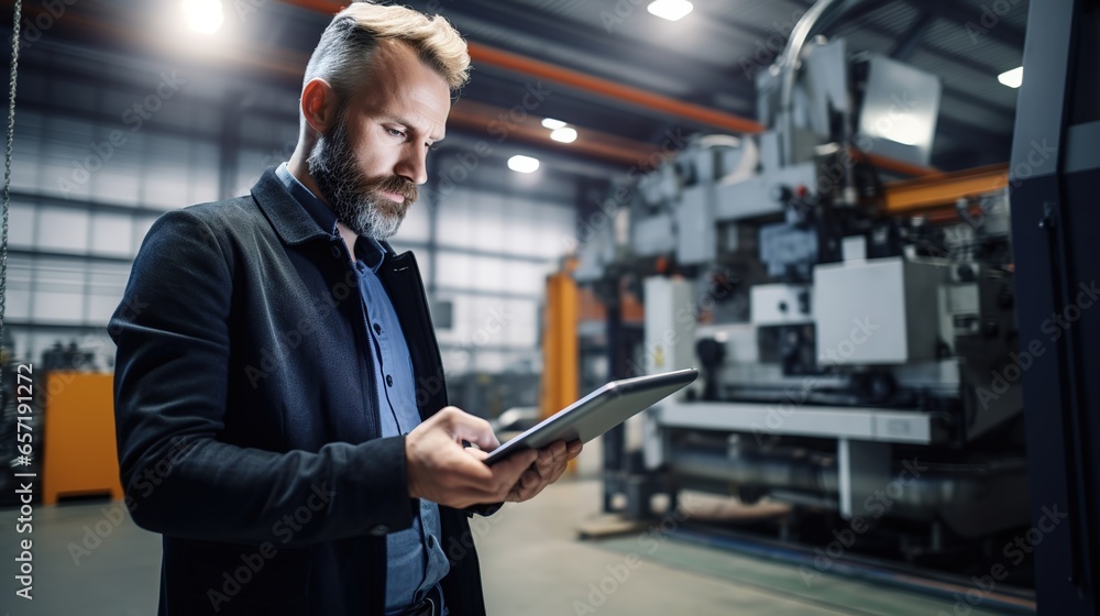 Portrait of an engineer holding a tablet near a large CNC machine working in an industrial plant. Inspection, tool control, electronic control. - obrazy, fototapety, plakaty 