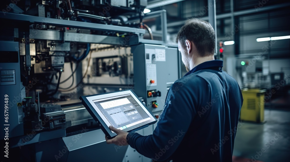 Portrait of an engineer holding a tablet near a large CNC machine working in an industrial plant. Inspection, tool control, electronic control.