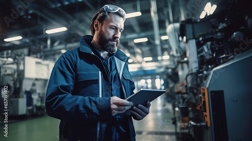 Portrait of an engineer holding a tablet near a large CNC machine working in an industrial plant. Inspection, tool control, electronic control.