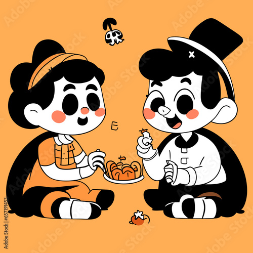 A girl and a boy are happily sitting, enjoying candy to celebrate Halloween. Vector