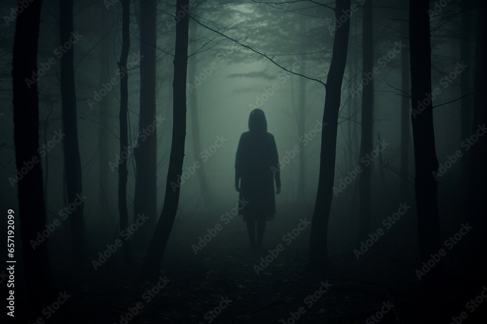 Horror, fantasy, mystery and landscape concept. Dark human or ghost silhouette standing in dark forest. Dense forest covered with mist or fog. Dark tree trunks in background. Generative AI