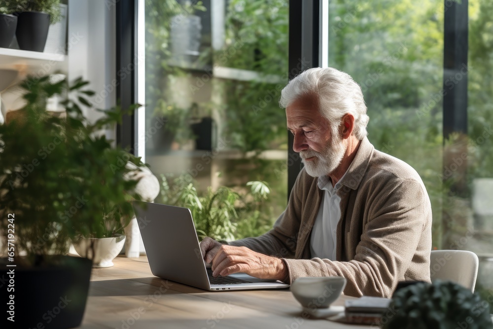 A gray-haired elderly man is working on a laptop in a modern house with lots of green plants. A gray-haired elderly man is working on a laptop in a modern house with lots of green plants.