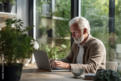 A gray-haired elderly man is working on a laptop in a modern house with lots of green plants. photo