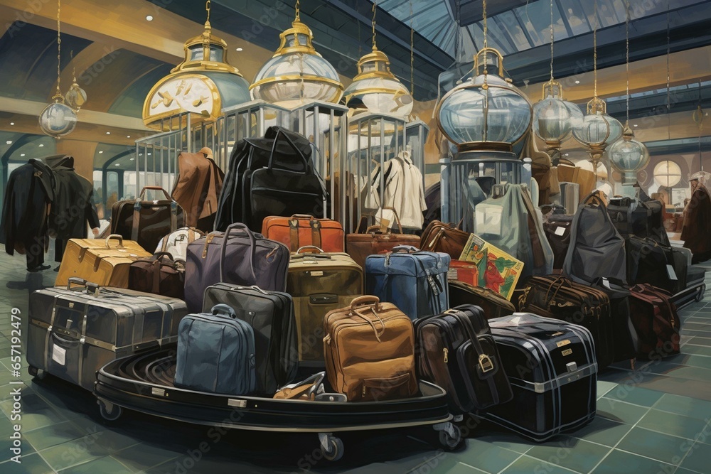 A busy airport carousel with many bags and belongings on a moving belt. Generative AI