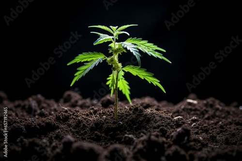Cannabis seedling micro growing on dark soil. Generative AI © Braxton