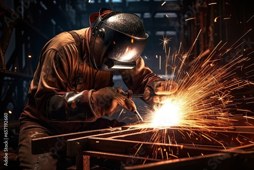 Process of welding - industrial welder with torch. Highly skilled welder worker is welding in the construction site in the factory.