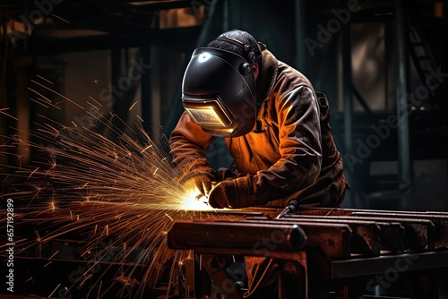 Process of welding - photo of an industrial welder with torch. Highly skilled welder worker is welding in the construction site in the factory.