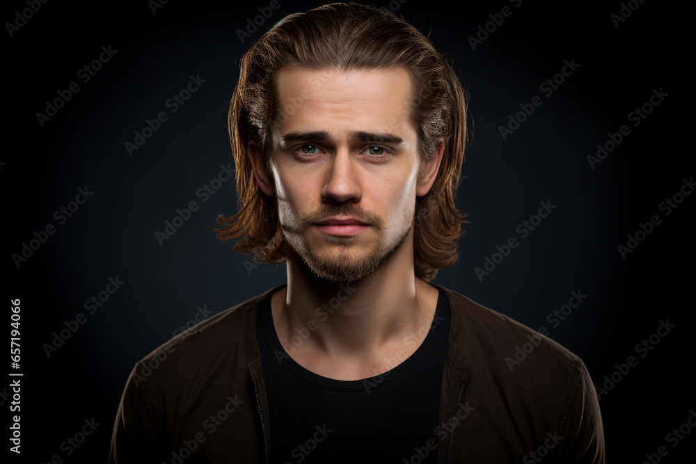 Fashion, style concept. Gorgeous young man close-up studio portrait. Natural looking young model looking at camera. Generative AI