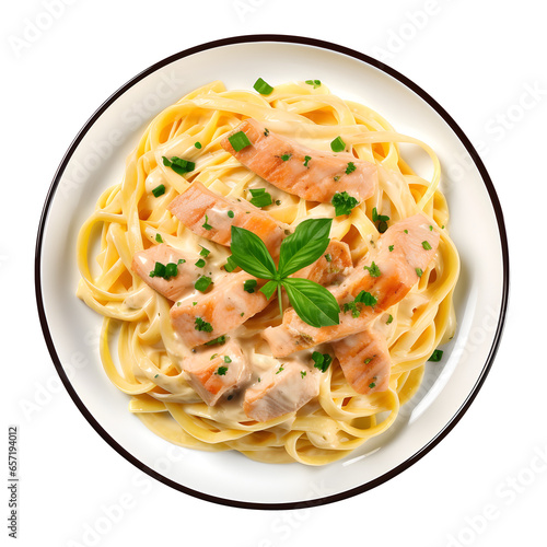 delicious plate of salmon fettuccine alfredo isolated on a transparent Background