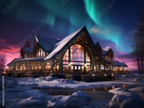 House With A Large Window And A Snowy Area With A Lake And Northern Lights