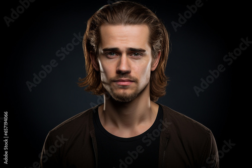 Fashion, style concept. Gorgeous young man close-up studio portrait. Natural looking young model looking at camera. Generative AI