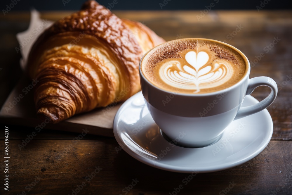 Coffee with a perfect latte art heart, next to a plate of fresh croissants. Generative AI. Coffee with a perfect latte art heart, next to a plate of fresh croissants. Generative AI.