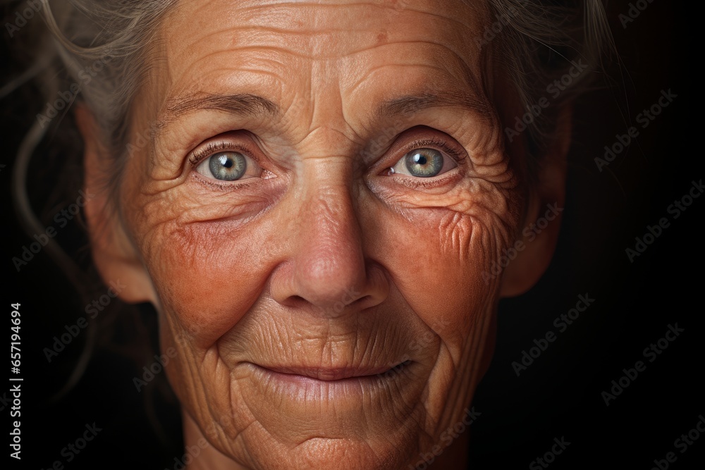 The face of an elderly gray-haired woman, a close-up portrait. The face of an elderly gray-haired woman, a close-up portrait.