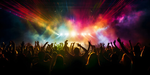 A crowd of people in a music event, dancing in neon color lights