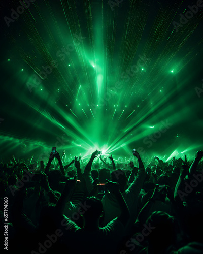 A crowd of people in a music event, dancing in green color lights