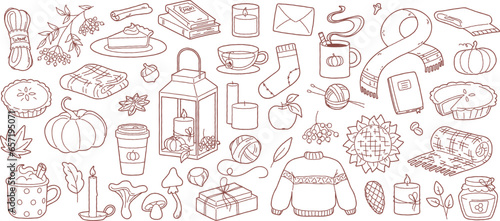 Hand drawn autumn doodles, warm sweater and blanket, lantern with candle, hot cocoa and tea. Cute fall season linear stickers, leaves, acorns and mushrooms, honey, cozy decor sketch element vector set