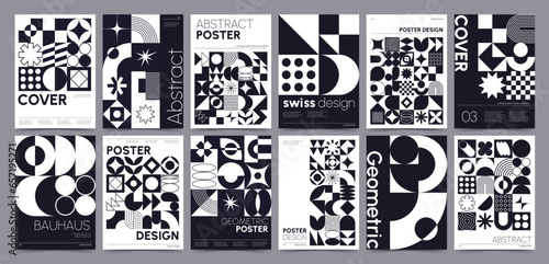 Modern bauhaus style posters with geometric shapes and forms. Brutalism poster with basic figures, lines and abstract graphic elements, retro swiss style monochrome print vector set