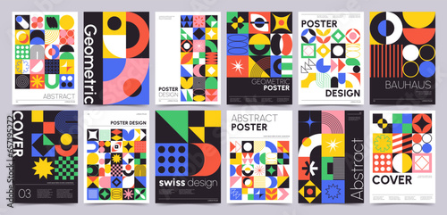 Retro bauhaus posters with geometric shapes and forms, modern swiss style print. Minimalist poster with abstract graphic elements and basic figures, modernism aesthetic cover design vector set photo