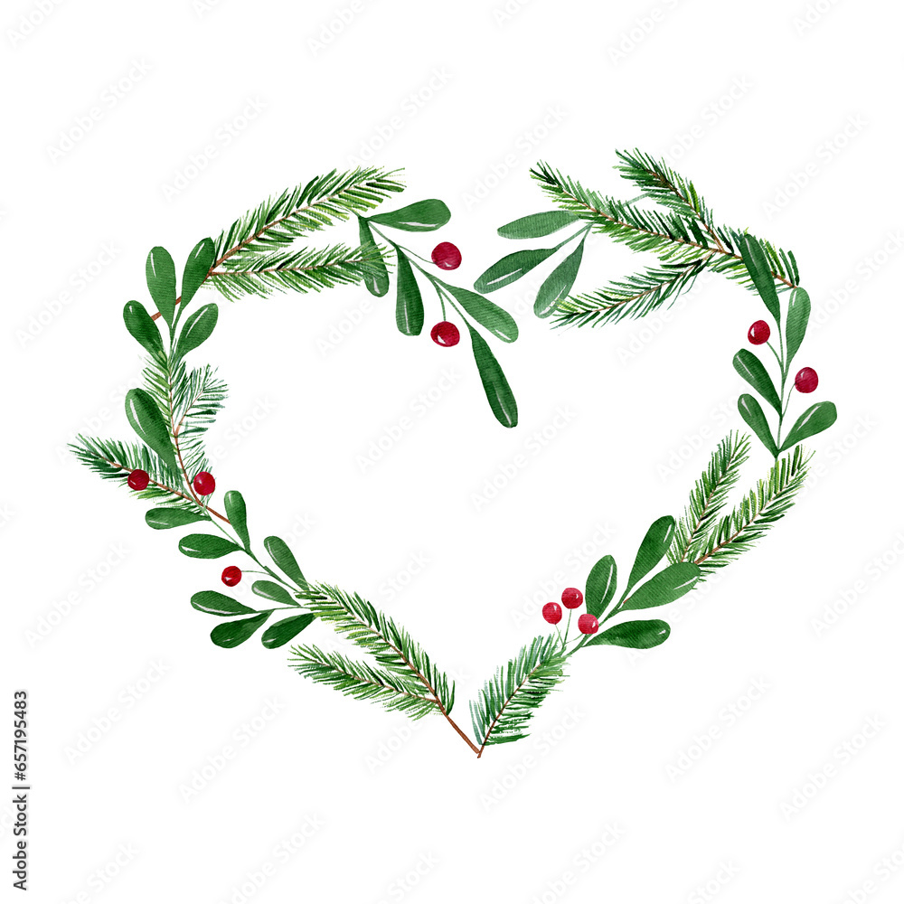 Fototapeta premium Hand drawn watercolor christmas heart wreath
