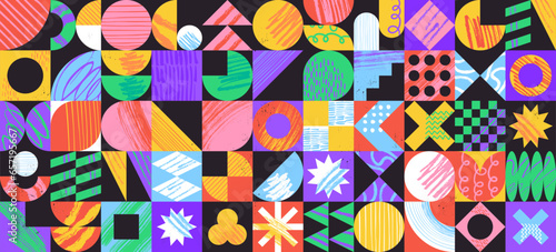 Colorful brutalist background with bold geometric shapes and textured abstract graphic elements. Retro bauhaus style banner with basic figures, lines and circles, swiss pattern vector illustration photo
