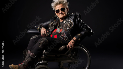 Hip, old lady, punk rocker in a wheelchair