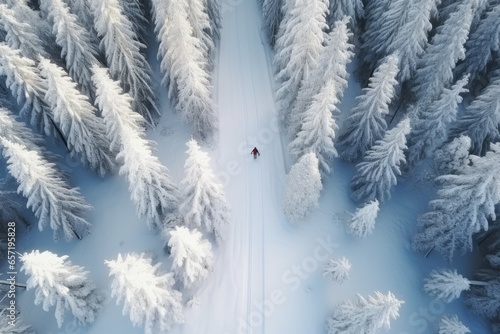 Vista de dron de un esquiador en la monta  a nevada. 