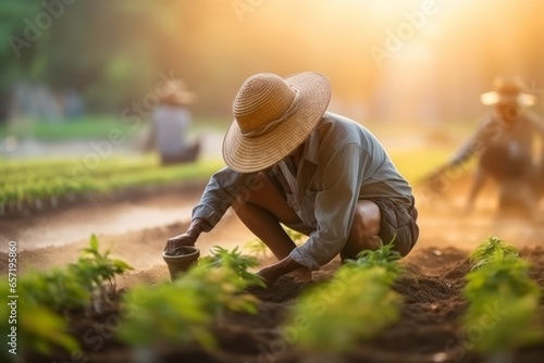Agricultor asiático trabajando la tierra y el arrozal. photo