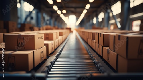Generative AI, cardboard box packages moving along a conveyor belt © DELstudio