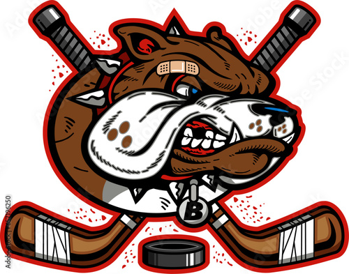 bruised bulldog mascot head with crossed hockey sticks for school, college or league sports