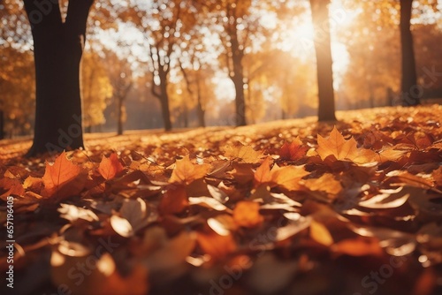 Beautiful abstract autumn background. Blurred defocused bright autumn park. Fallen yellow leaves