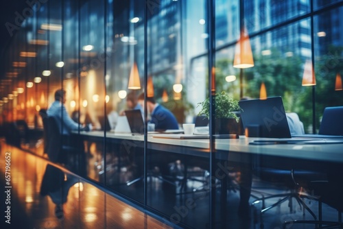 Business office with people with blurred bokeh background, with glass partitions. Generative AI.